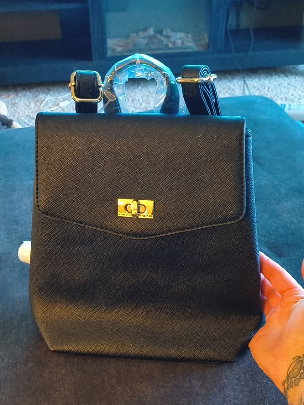 Structured Black Crossbody Bag with Gold Turn-Lock
